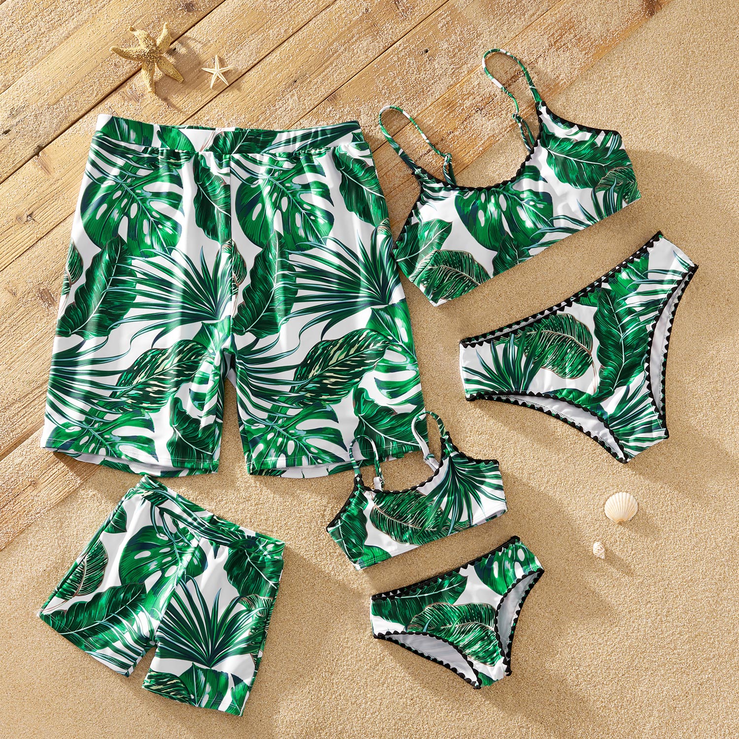 Crochet Trim Tropical Leaves Print Matching Swimsuits