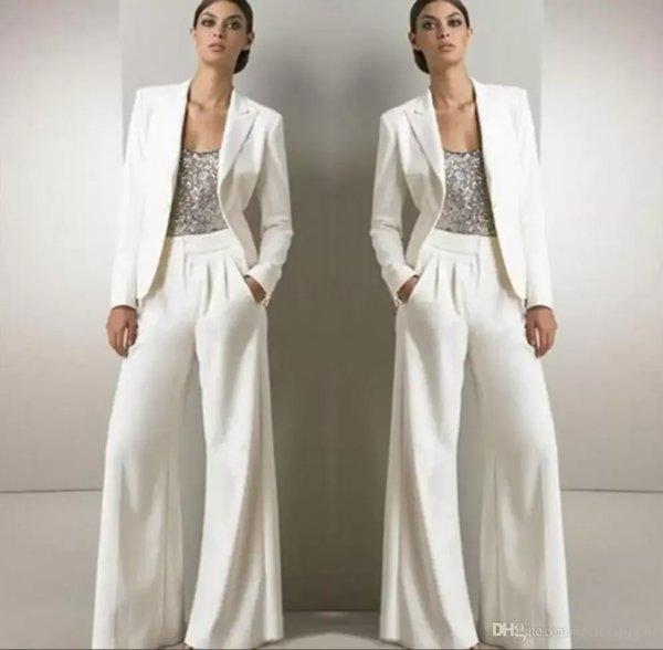 2022 White Three Pieces Mother Of The Bride Pant Suits For Silver Sequined Wedding Guest Dress With Jackets Plus Size VOG343