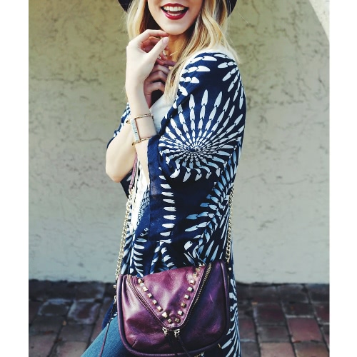 Women Summer Vintage Cardigan Geometry Print Kimono Beach Cover Up Bikini Outwear Dark Blue