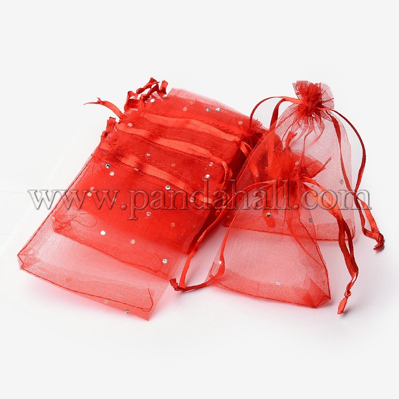 Presents Packages Organza Bags, Wedding Favour Bags, with Sequins and Ribbons, Rectangle, Red, 9x7cm