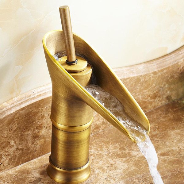 Bathroom Sink Faucets Vintage Retro Antique Brass Waterfall Style Basin Faucet Mixer Tap Single Hole One Handle Mnf090