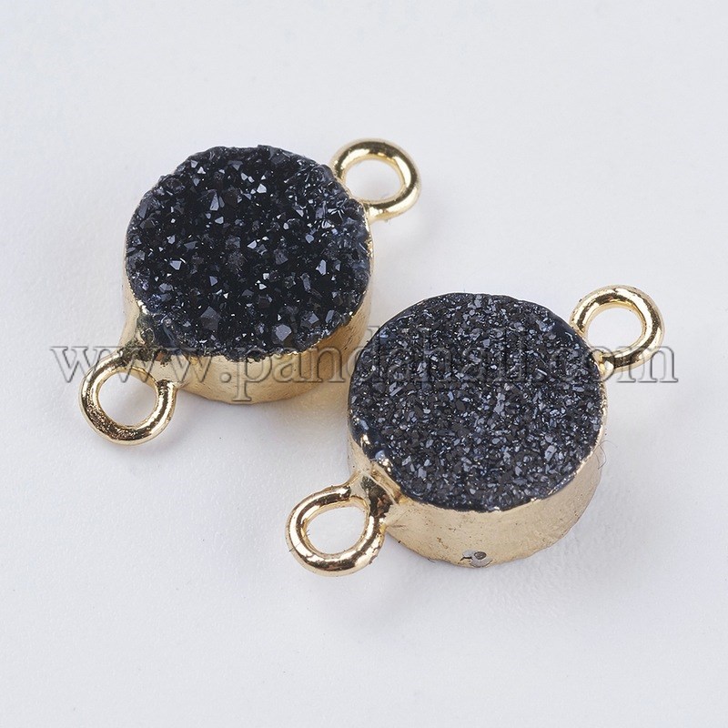 Natural Druzy Agate Links/Connectors, with Light Gold Plated Brass Findings, Flat Round, Hematite Plated, 14.5x8x4~5mm, Hole: 1.5mm