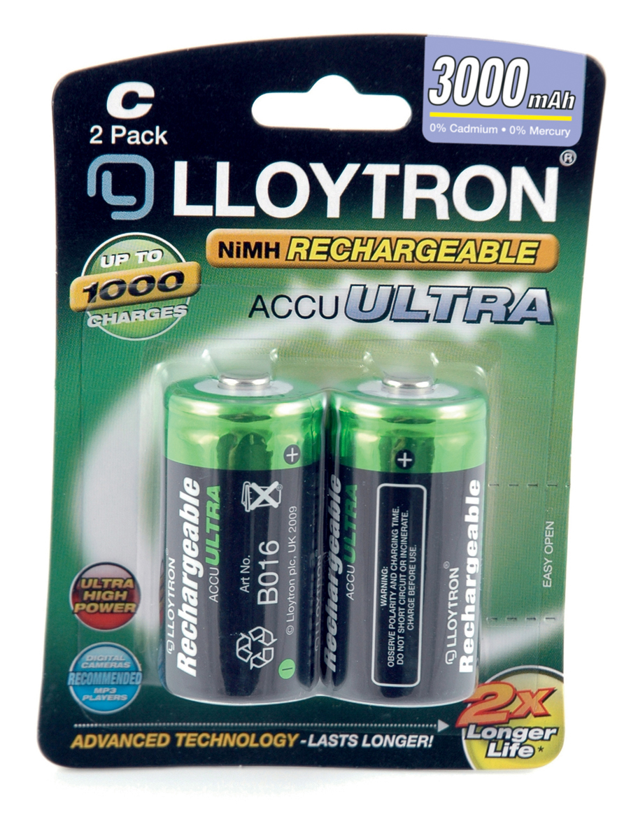 Lloytron ACCU ULTRA LR14 C Cell Rechargeable Batteries 3000mAh Capacity - 2 Pack
