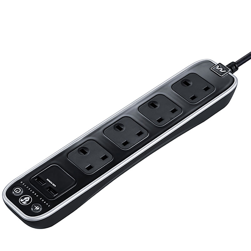 Masterplug Surge Protected 2M 4 Switched Sockets Extension Lead + USB - Gloss Black