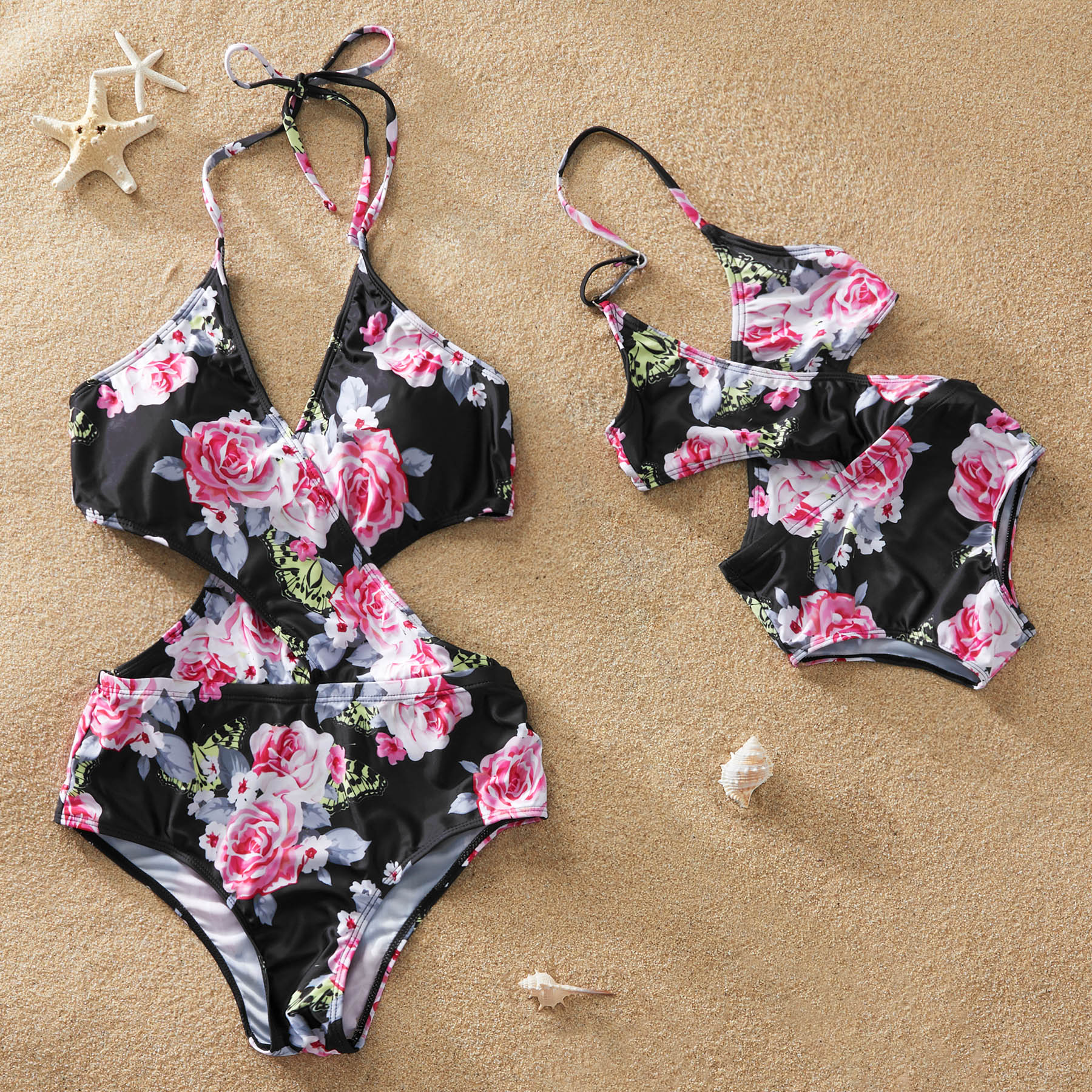 1-piece Floral Printed Hollow Out Swimsuit for Mom and Me