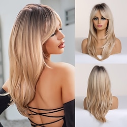 Blonde Wigs with Bangs  Long Straight Wigs Ombre Black Blonde Ash Wigs with Bangs Heat Resistant Synthetic Wigs for African American Women ChristmasPartyWigs Lightinthebox