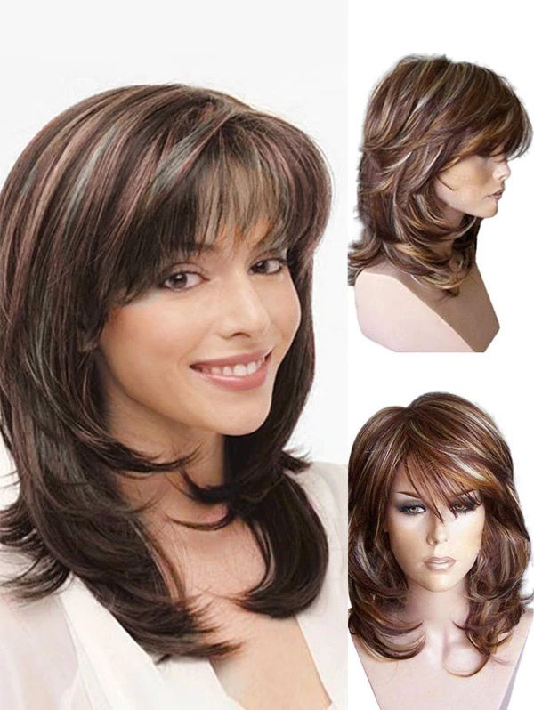 Medium Color Mixing See-through Bang Wavy Synthetic Wig