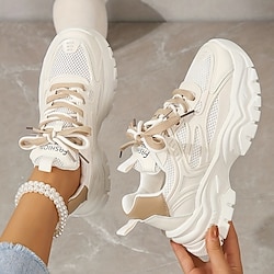 Women's Sneakers White Shoes Driving Shoes Dad Shoes White Shoes Outdoor Daily Solid Color Color Block Summer Flat Heel Wedge Heel Round Toe Casual Comfort Preppy Running Tennis Shoes PU Lace-up Beige Lightinthebox