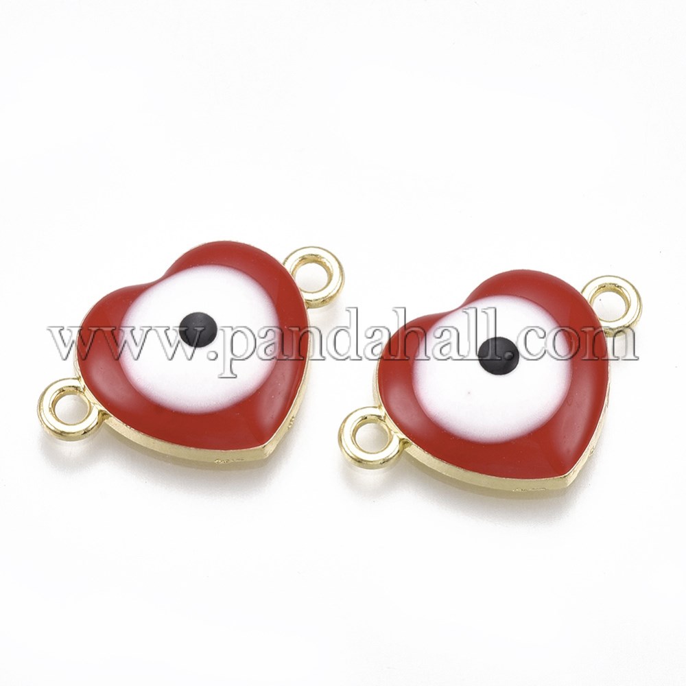 Alloy Links/Connectors, with Enamel, Heart with Evil Eye, Light Gold, Red, 13.5x20.5x4.5mm, Hole: 1.8mm