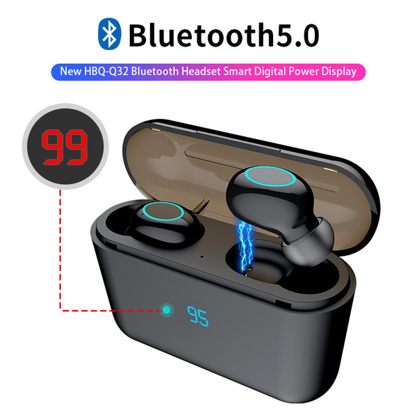 hbq tws bluetooth wireless earphone with led microphone and touch control function noise reduction waterproof mini earphone charging box 3d