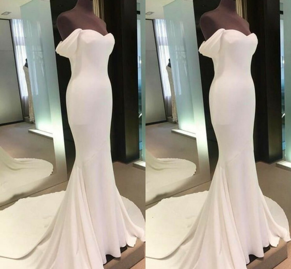 Vestidos 2021 New De Noiva Gorgeous Mermaid Long Off Shoulder Prom Evening Es Satin V-neck Lace Back Sweep Train White Bridal Gowns S8R6