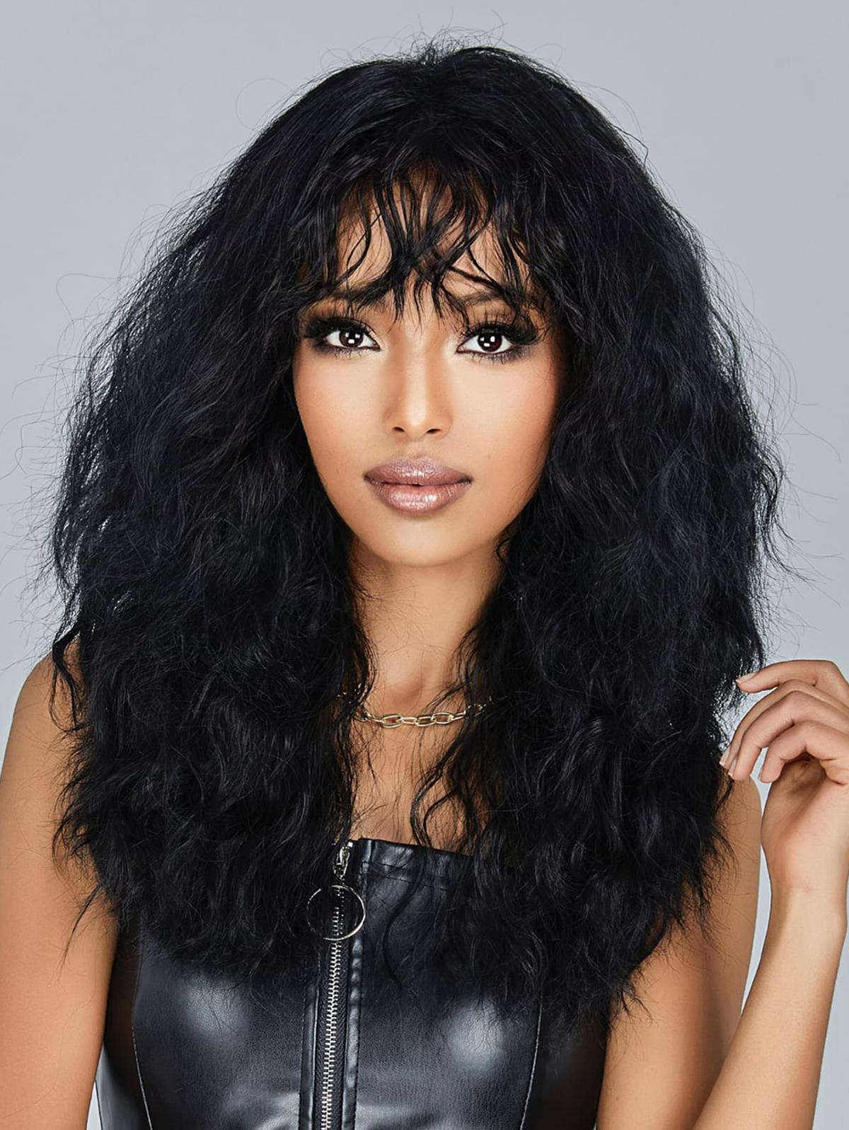 zaful Women's Fluffy Curly See-through Bangs Long Black Synthetic Wig