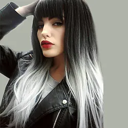 Gray Wigs for Women Synthetic Wig Natural Straight Black / White  24 Inch Ombre Hair Natural Hairline Black Lightinthebox