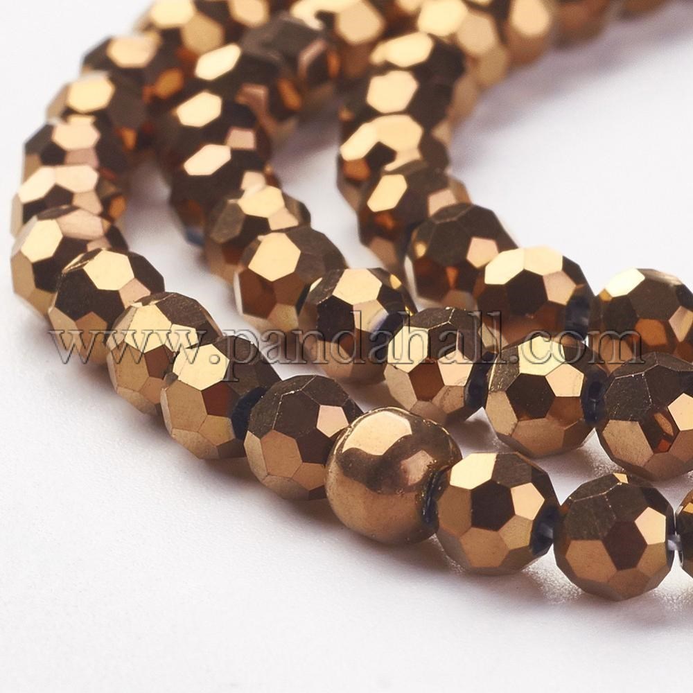 Half-Handmade Electroplated Glass Beads Strands, Faceted Round, Copper Plated, 4mm, Hole: 0.5mm; about 74pcs/strand, 14