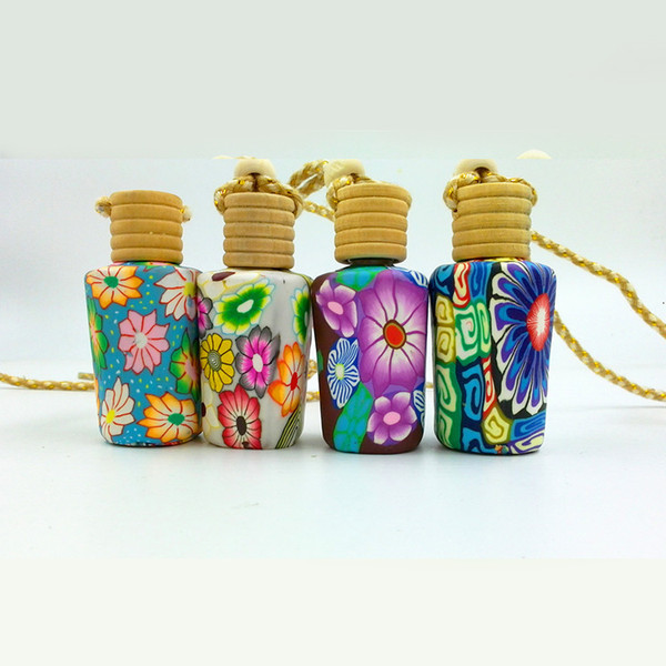 fimo clay color flower perfume bottle wood lids hanging empty glass fragrance oil bottle valentines gift 10pcs/lot dc877