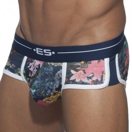 ES Collection Double Side Flower Microfiber Briefs - Navy Blue S ON SALE