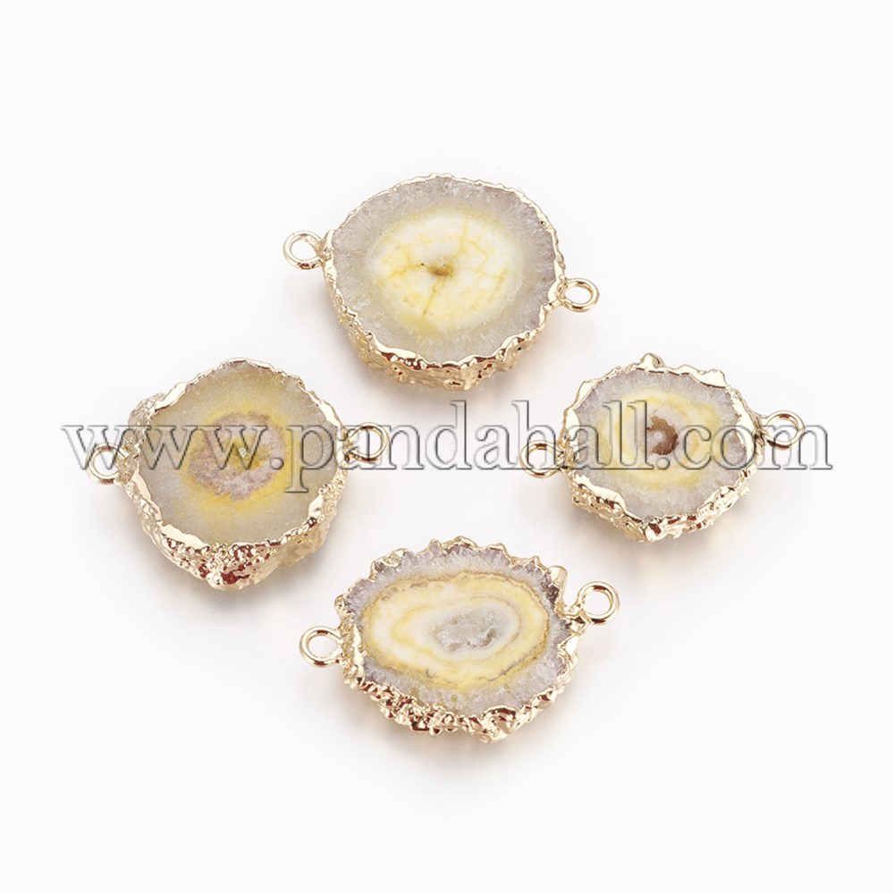 Natural Dyed Quartz Links/Connectors, with Brass Findings, Flat Round, Golden, NavajoWhite, 24.5~33x16~23x4~6mm, Hole: 2~2.5mm