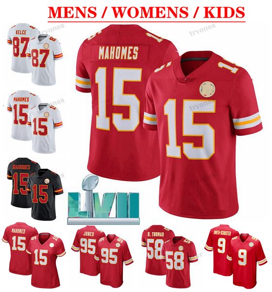 LVII 15 Patrick Mahomes 87 Travis Kelce Football Jerseys Mens Womens Kids Pacheco 95 Jones 55 Frank Clark 17 Hardman Butker Derrick Thomas Smith-Schuster Reid Bolton