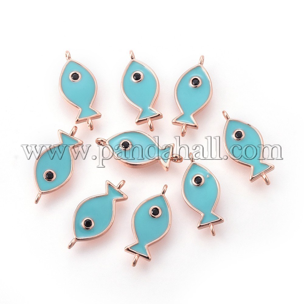 Brass Enamel Links/Connectors, Long-Lasting Plated, Fish, Turquoise, Real Rose Gold Plated, 16x7x1.5mm, Hole: 1mm