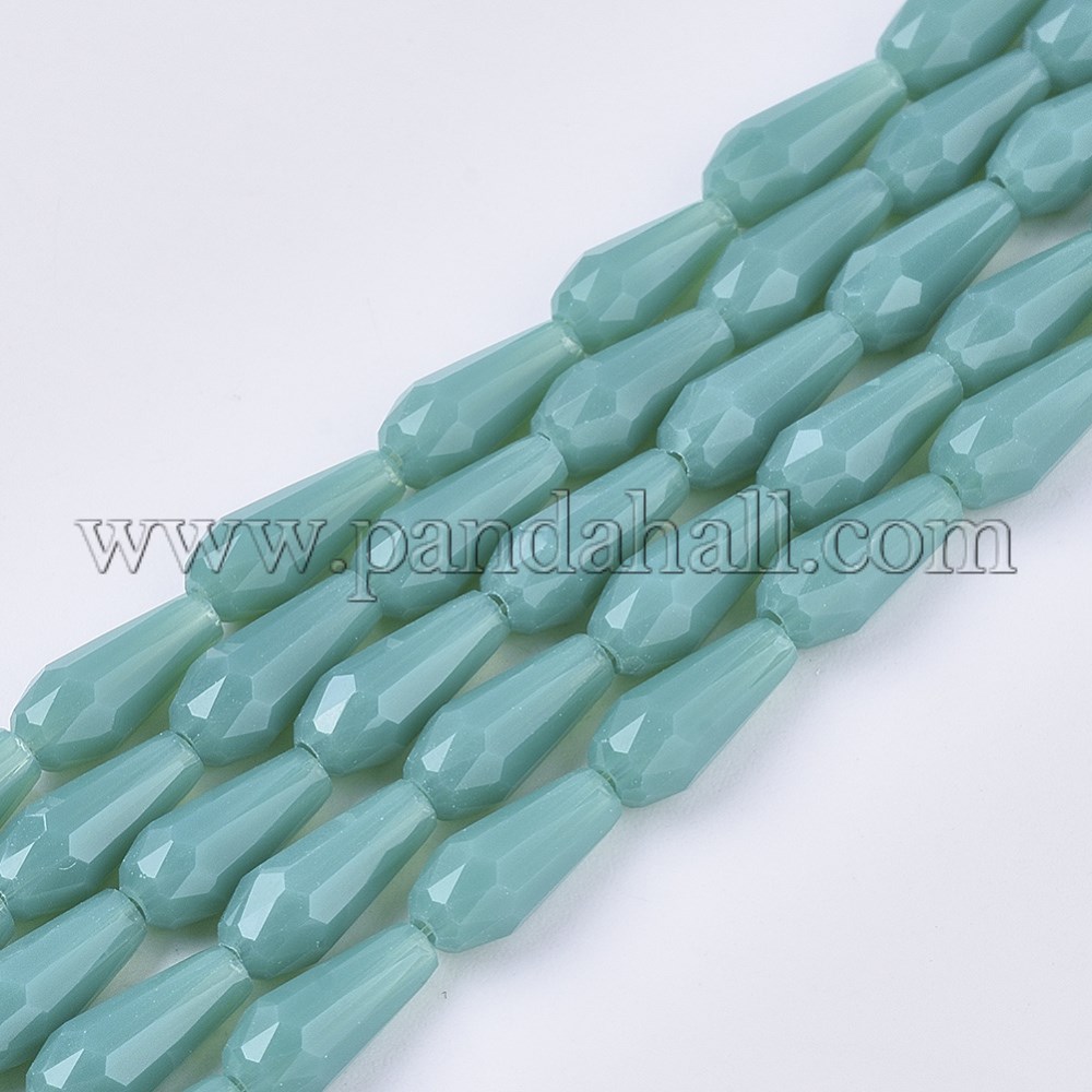 Opaque Solid Color Glass Beads Strands, Imitation Jade, Facetde, Teardrop, LightSeaGreen, 9~10x4mm, Hole: 1mm; about 72pcs/Strand, 26.38~27.17''(67~69cm)