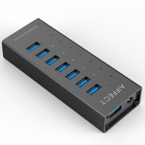 AIFFECT Portable 7 Ports Hub USB3.0 One Drag Seven USB Hub Plug and Play for Laptop Desktop US Plug Black