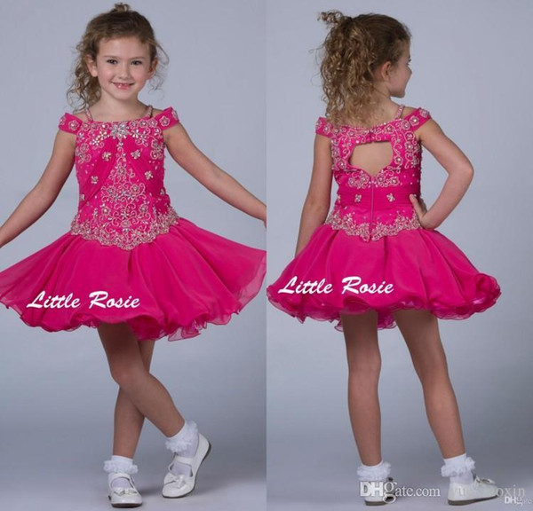 Little Rosie Kids Fuchsia Flower Girls Wedding Dresses Off Shoulder Toddler Cupcake Pageant Gowns Sequins Beading Ruffles Princesses Party
