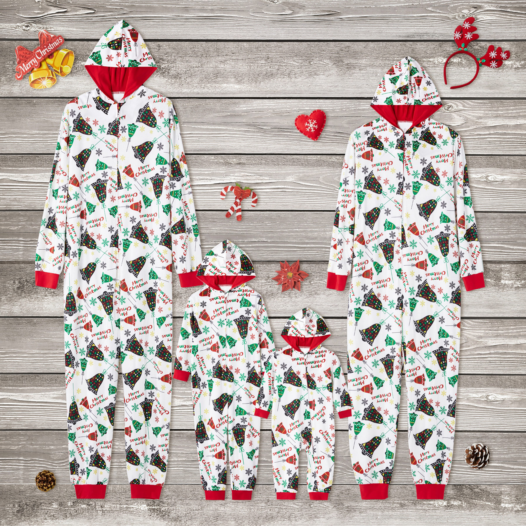 Christmas Bells Print Hooded Onesies Matching Pajamas