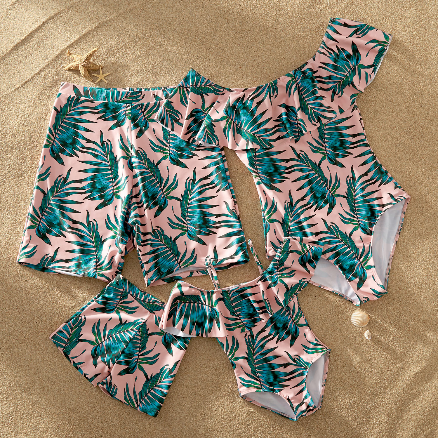 Mosaic Pink Palm Leaf Flounced Off Shoulder Family Matching Swimsuits