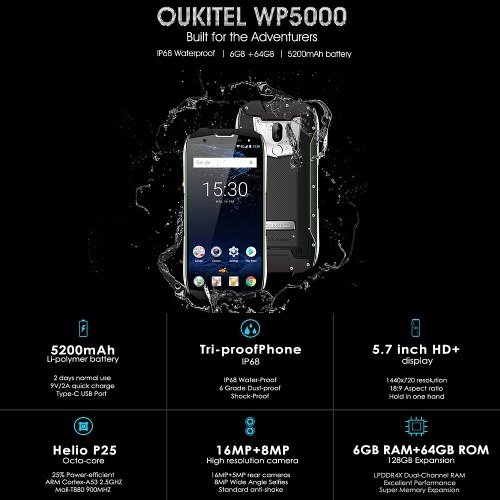OUKITEL WP5000 4G IP68 Smartphone 5200mAh 6GB  +64GB