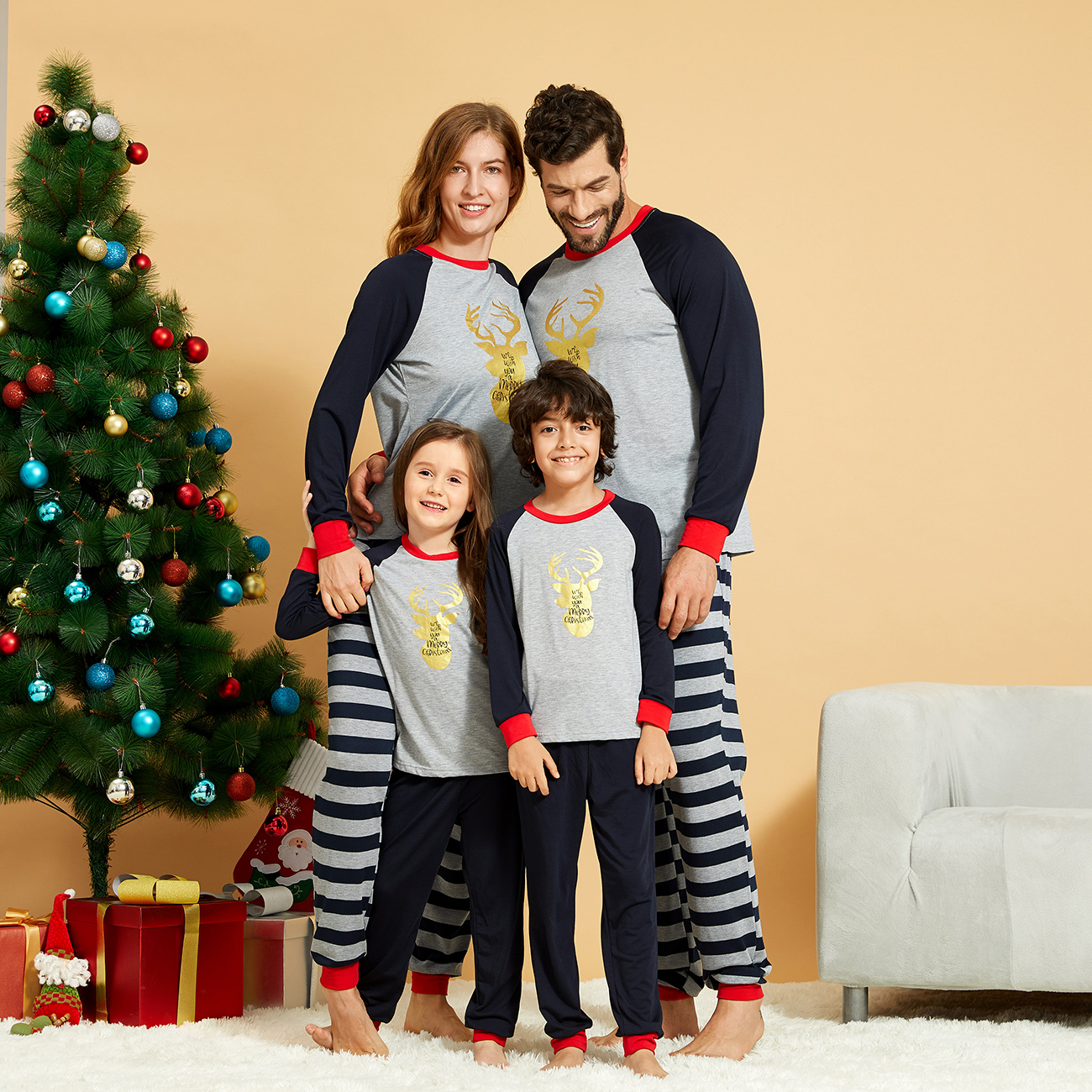 Mosaic Family Matching Gold Reindeer Pajamas Set