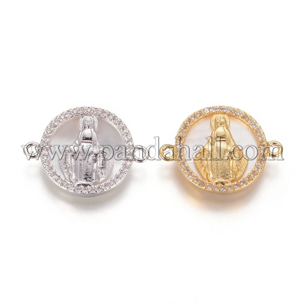 Brass Micro Pave Cubic Zirconia Links/Connectors, with Shell, Flat Round with Virgin Mary, Clear, Mixed Color, 16x21x3mm, Hole: 1.4mm