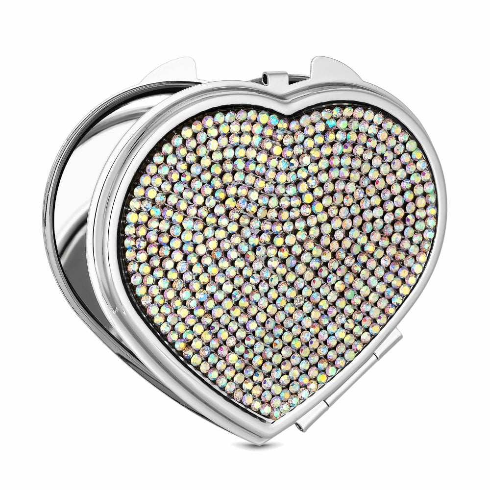 Silver Plated Ab Crystal Heart Compact Mirror