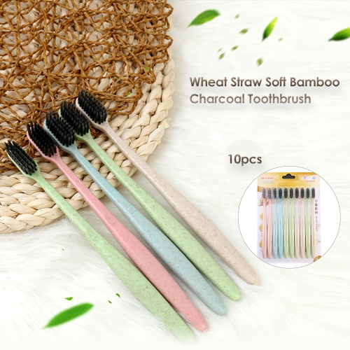 10pcs Wheat Straw Soft Bamboo Charcoal Toothbrush Black Tooth Brush Oral Care For Kids And Adults