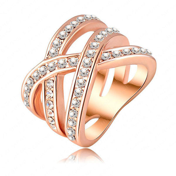 Double Cross Austrian Crystal Women Ring 18K Rose Gold Plated