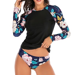 Women's Swimwear Rash Guard Diving 2 Piece Normal Swimsuit 2 Piece UV Protection Printing Floral Black Padded Scoop Neck Bathing Suits New Vacation Fashion / Spa / Padded Bras Lightinthebox