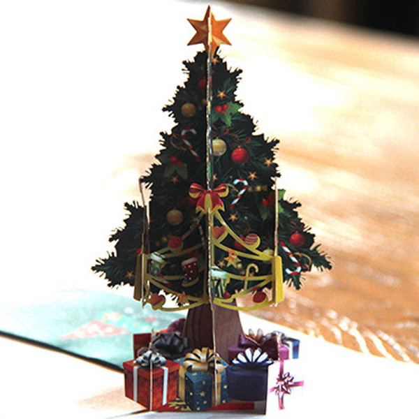 New 3D Handmade Christmas Tree Greeting Cards Creative Kirigami & Origami Pop UP Xmas Postcards free shipping