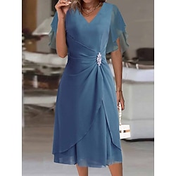 Women's Party Dress Cocktail Dress Wedding Guest Dress Midi Dress Blue Short Sleeve Pure Color Ruffle Summer Spring Fall V Neck Party Office Evening Party Wedding Guest S M L XL 2XL 3XL Lightinthebox