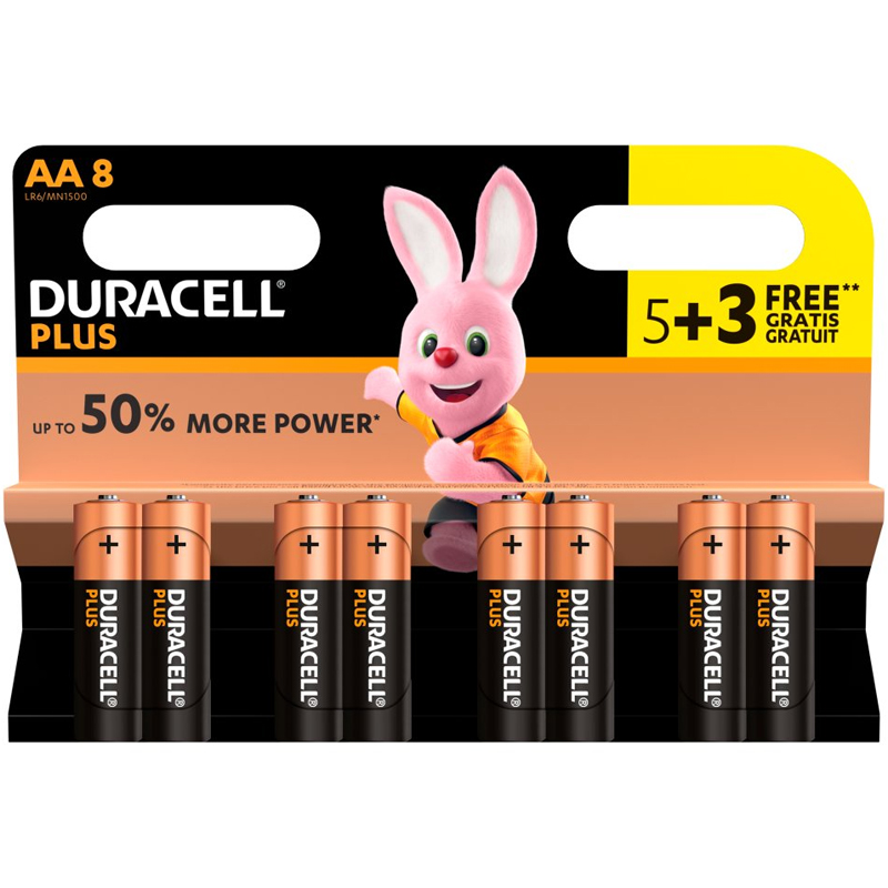 Duracell Plus Power AA Batteries 5+3 - 8 Pack