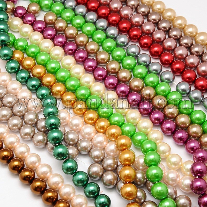 Environmental Dyed Glass Pearl Round Beads Strands, Cotton Cord Threaded, Mixed Color, 14mm, Hole: 0.7~1.1mm; about 30pcs/strand, 15