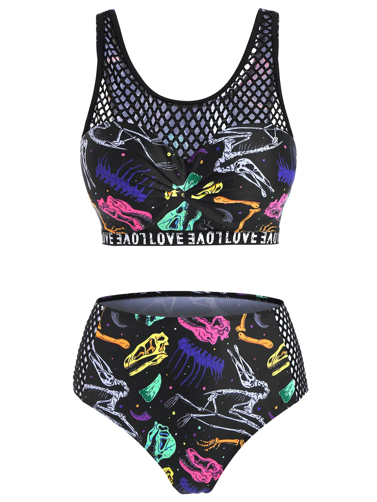 Fishnet Panel Dinosaur Skeleton Print Moulded Tankini Swimwear