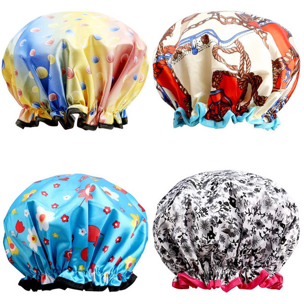 4pcs/set extra large bath caps printing double layer women shower caps waterproof show hats bathroom products accessories no02