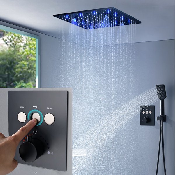 2021 Luxury Shower System matt black surface 16 inch rain and mist shower head ceiling arms mounted thermostataic button mixer set led bath