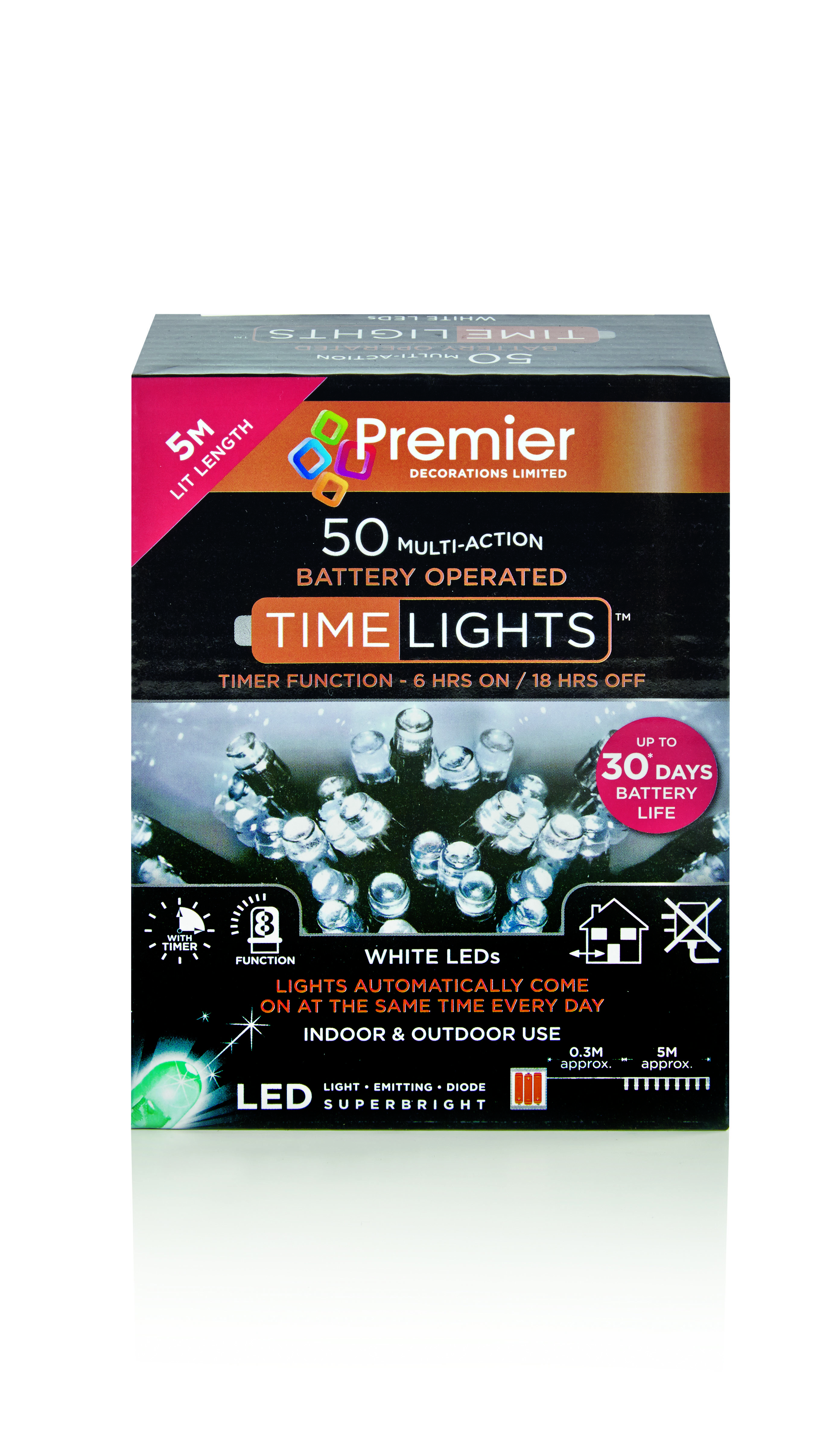 Premier 50 Multi Action Battery LED Christmas Lights (White)