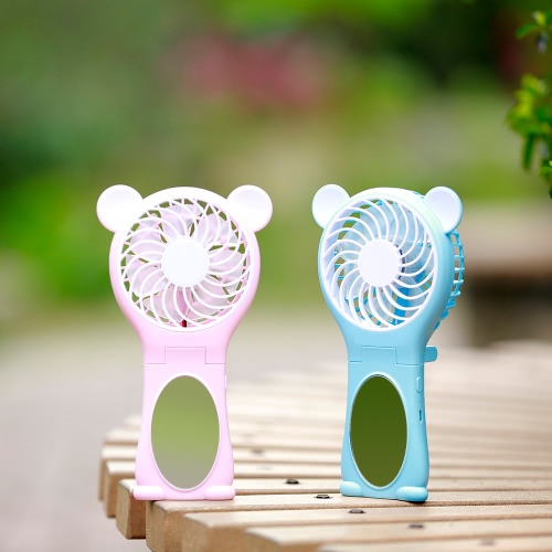Portable Bear Shape Mirror Cute Mini Handheld Table Foldable Fan 2 Speed for Home Office USB Rechargeable With   Mirror Function