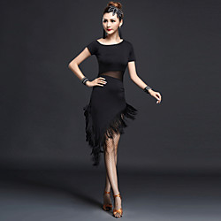 Latin Dance Dress Tassel Women's Performance Short Sleeves High Nylon Chinlon