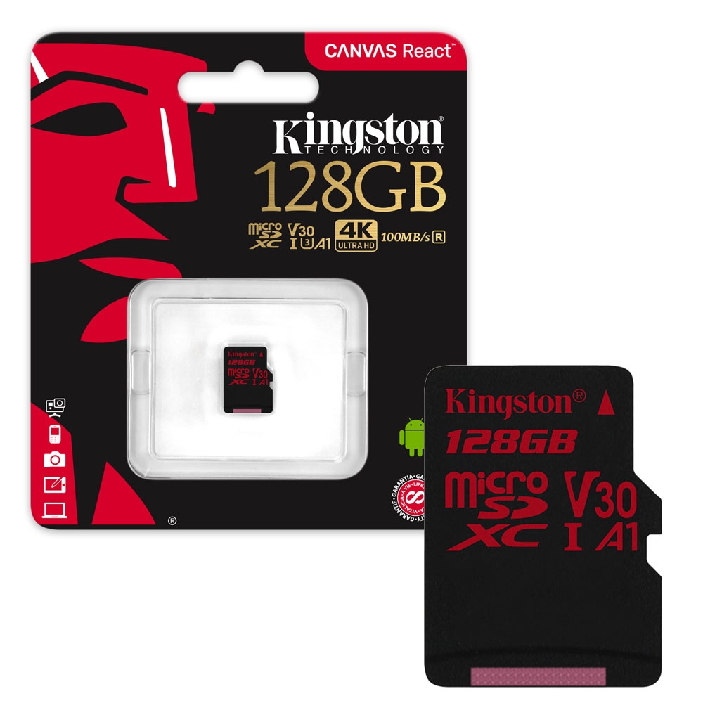 Kingston Canvas React MicroSDXC Memory Card 100MB/s UHS-1 U3 A1 V30 Class 10 - 128GB