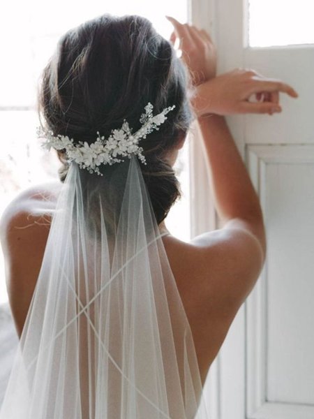 Chapel Bride Veil White Crystal Beaded Long Bridal Veil with Comb Wedding Accessories veu de novia Dropshipping