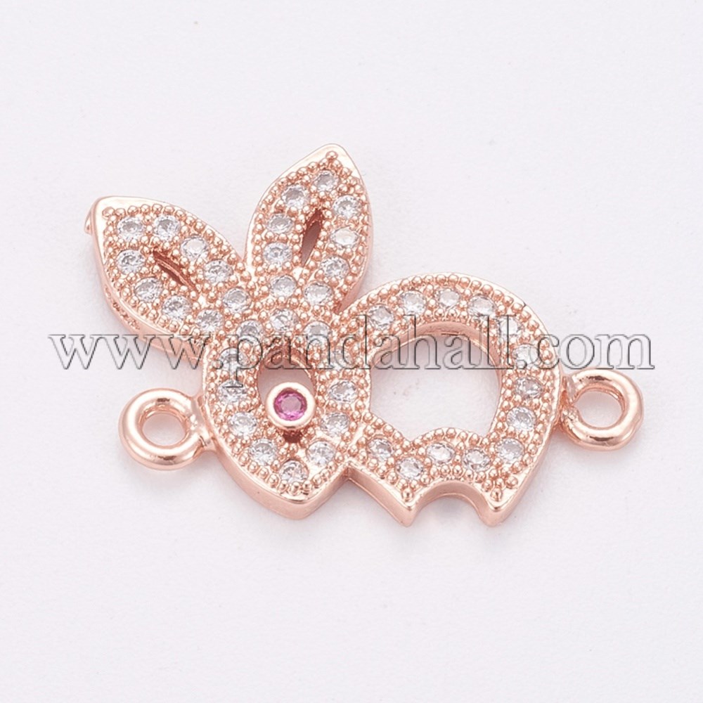 Brass Micro Pave Cubic Zirconia Links, Rabbit, Rose Gold, 19.5x14.5x2mm, Hole: 1.4mm