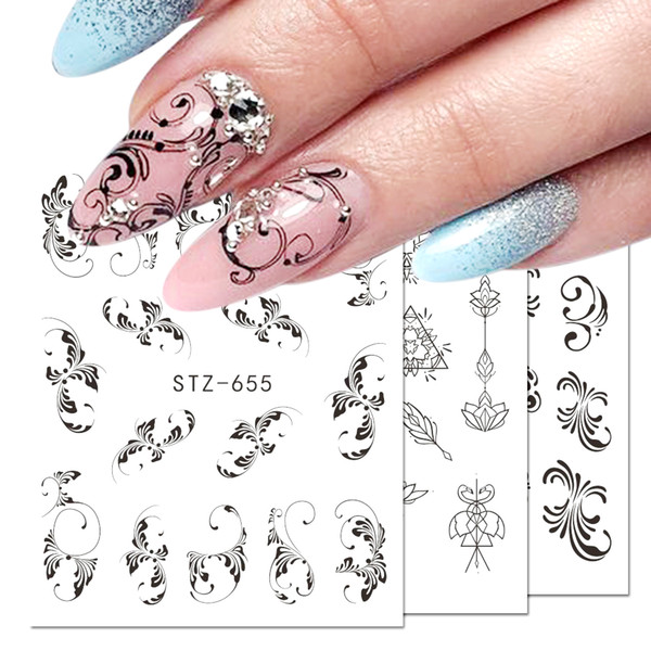 1pcs nail sticker flower flakes water transfer decals retro black hollow tattoo wraps nail art decoration manicure jistz609-658