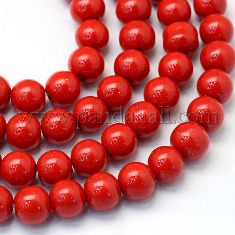 Baking Painted Pearlized Glass Pearl Round Bead Strands, Red, 6~7mm, Hole: 1mm; about 145pcs/strand, 31.4